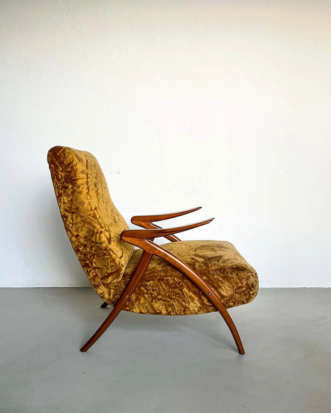 Pair of armchairs with wooden legs and yellow fur upholstery, 1950s 6