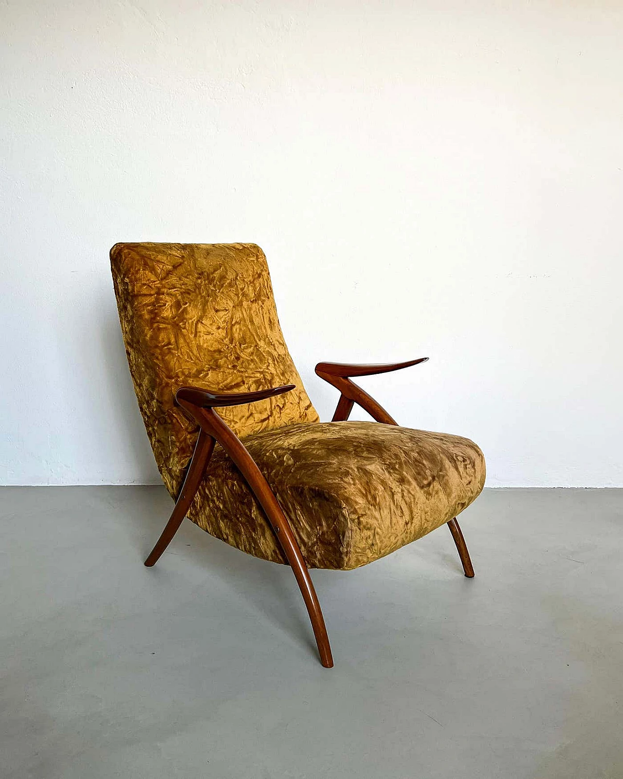 Pair of armchairs with wooden legs and yellow fur upholstery, 1950s 7