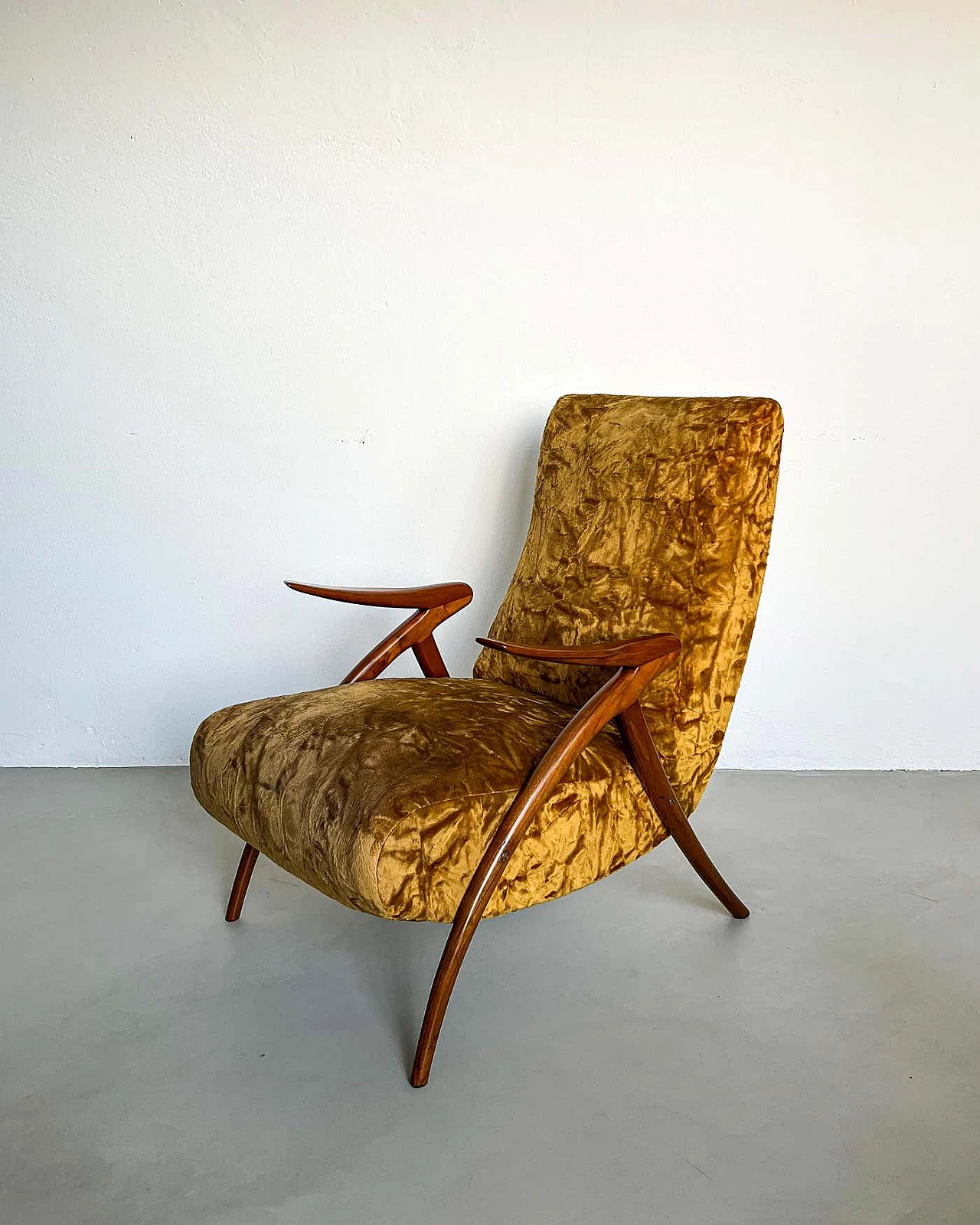 Pair of armchairs with wooden legs and yellow fur upholstery, 1950s 8