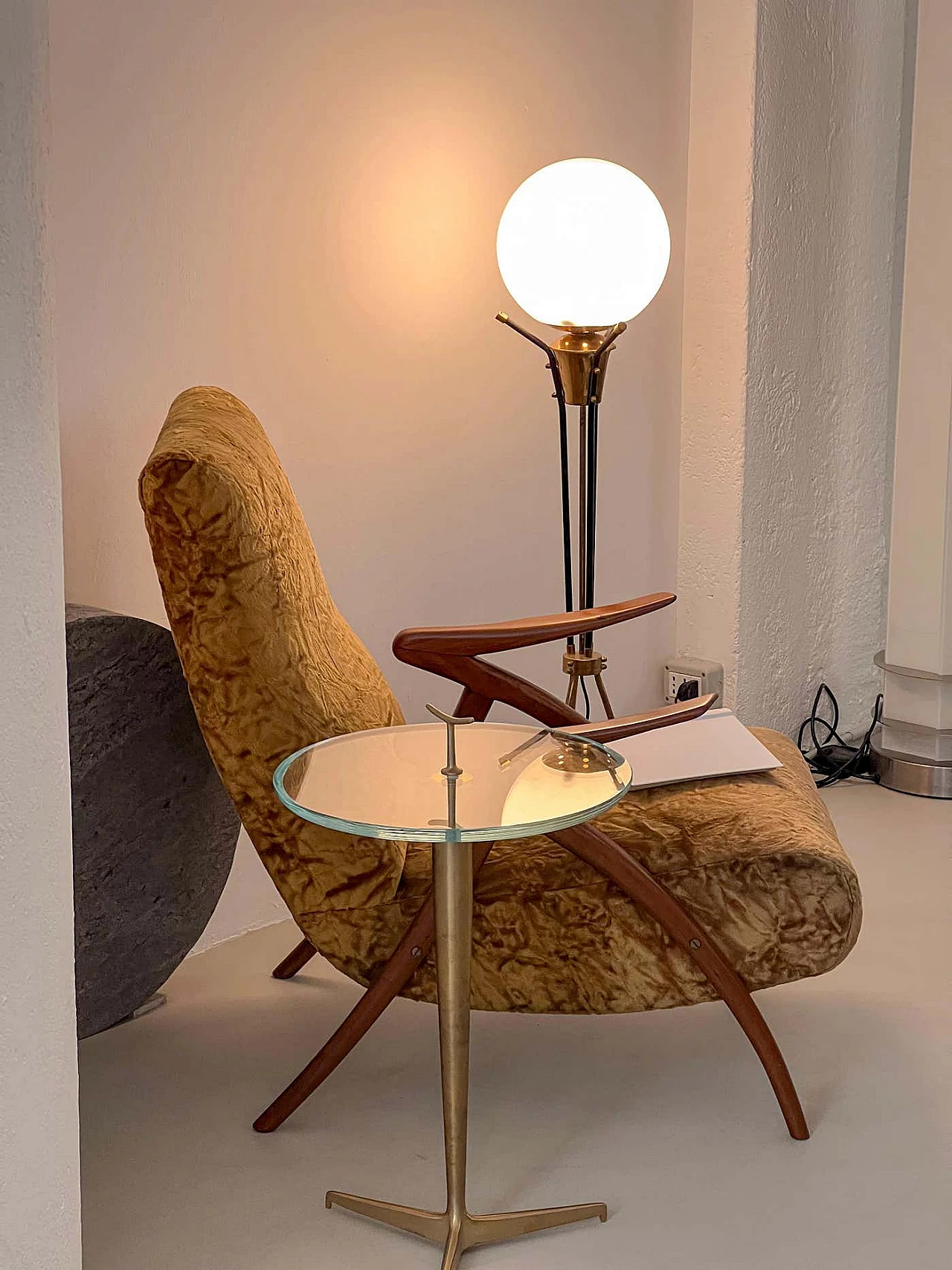 Pair of armchairs with wooden legs and yellow fur upholstery, 1950s 9