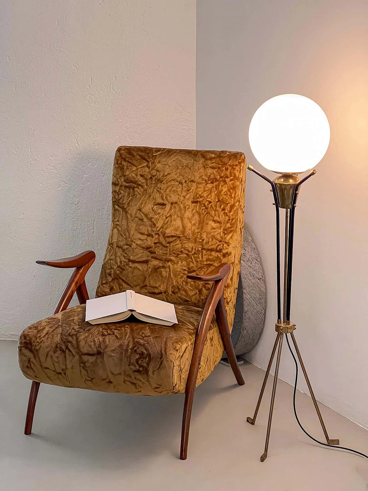 Pair of armchairs with wooden legs and yellow fur upholstery, 1950s 10