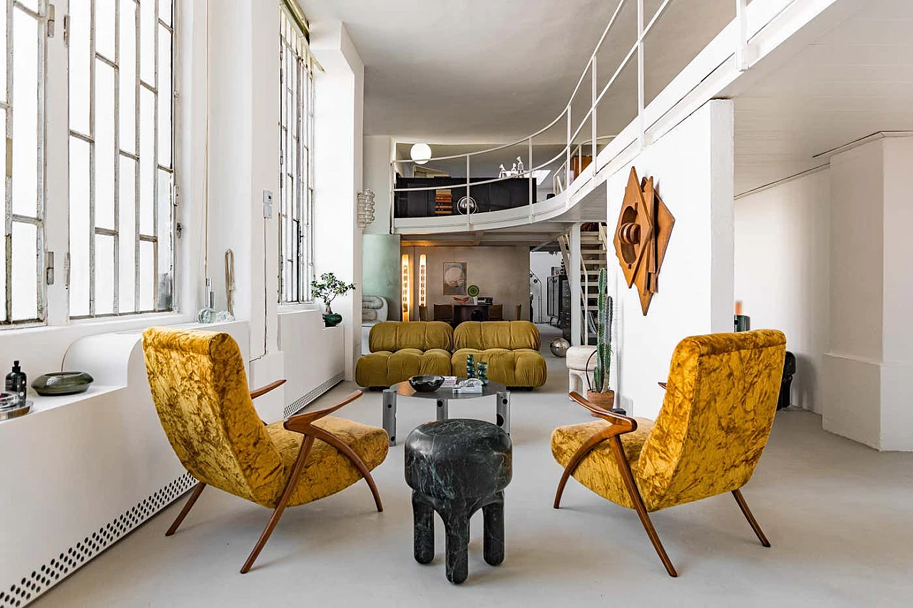 Pair of armchairs with wooden legs and yellow fur upholstery, 1950s 12