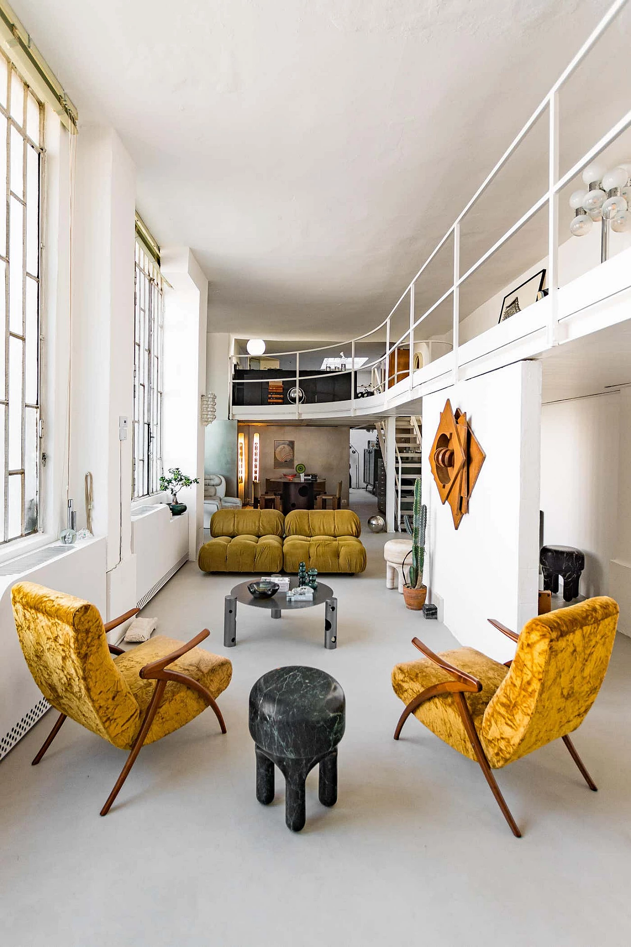 Pair of armchairs with wooden legs and yellow fur upholstery, 1950s 13