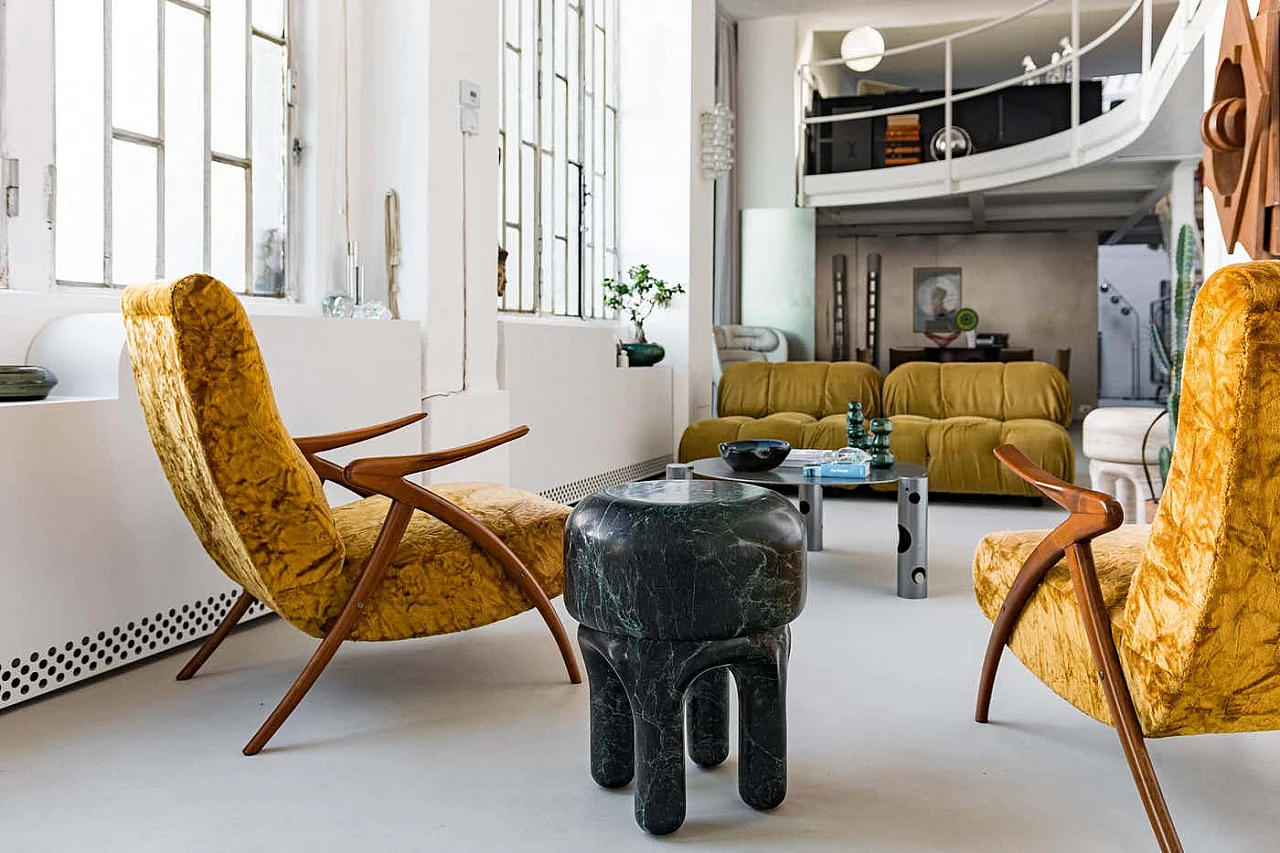 Pair of armchairs with wooden legs and yellow fur upholstery, 1950s 14