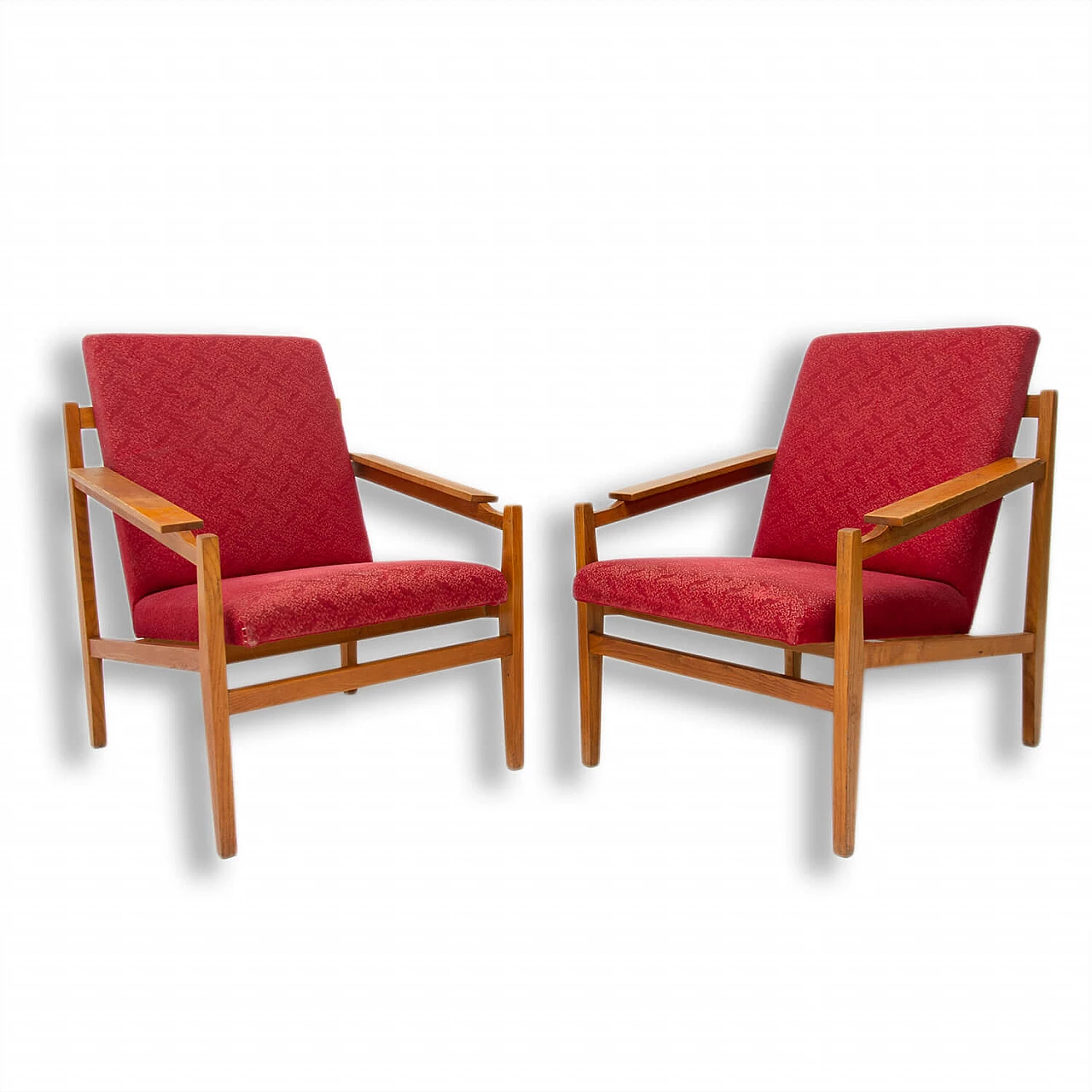 Pair of Scandinavian style beech and fabric armchairs, 1960s 1