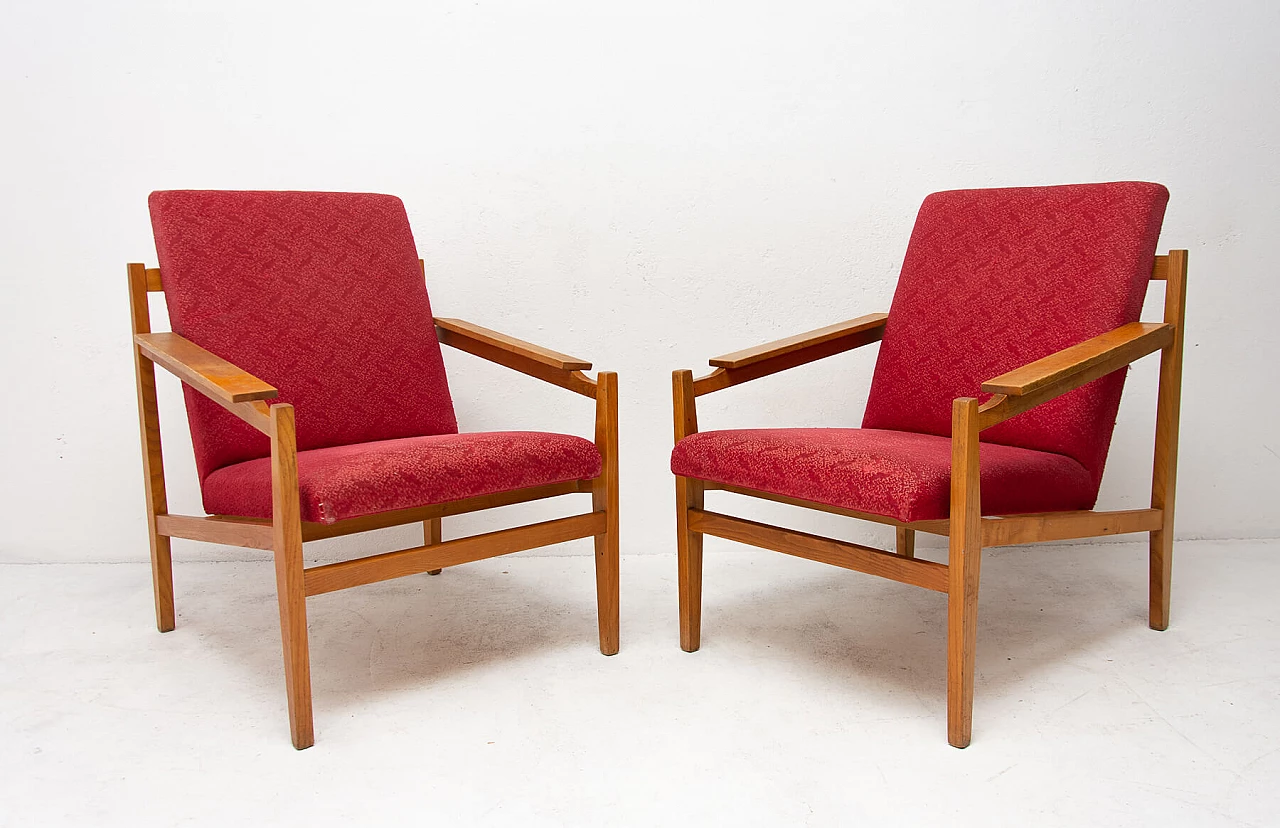 Pair of Scandinavian style beech and fabric armchairs, 1960s 3