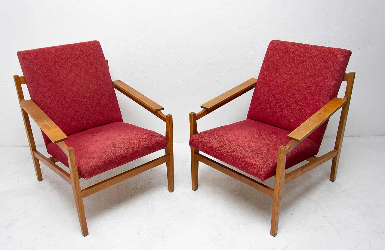 Pair of Scandinavian style beech and fabric armchairs, 1960s 4