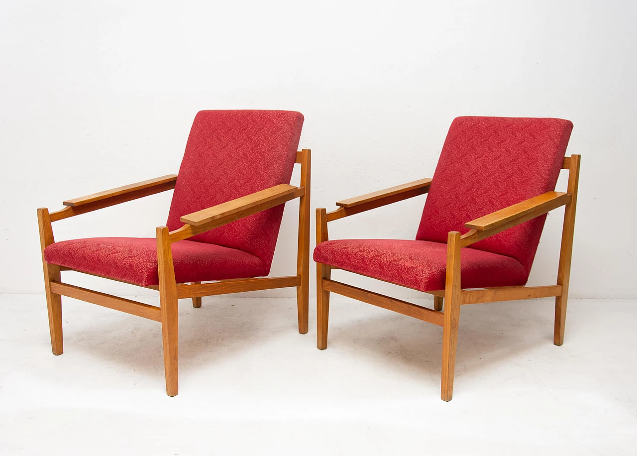 Pair of Scandinavian style beech and fabric armchairs, 1960s 5