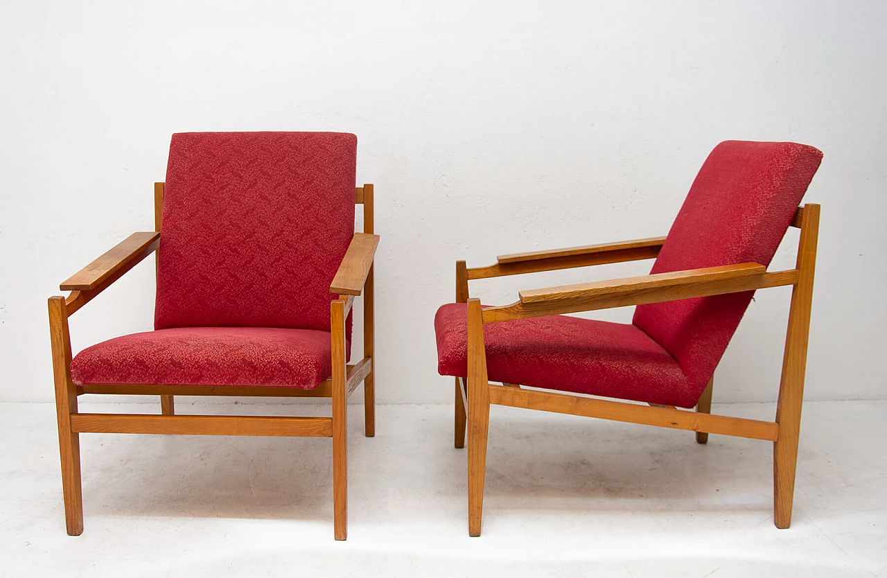 Pair of Scandinavian style beech and fabric armchairs, 1960s 6