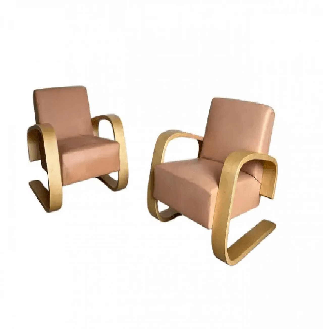 Pair of leather and wood armchairs by Alvar Aalto for Artek, 2000s 1