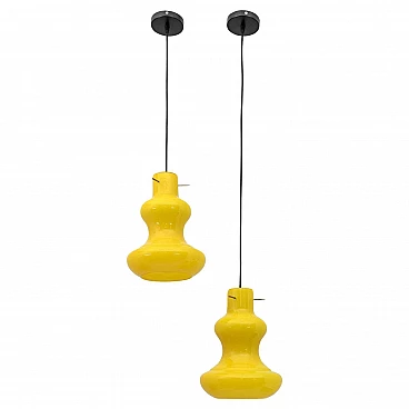 Coppia di lampadari in vetro di Murano giallo di Massimo Vignelli per Vistosi, anni '60
