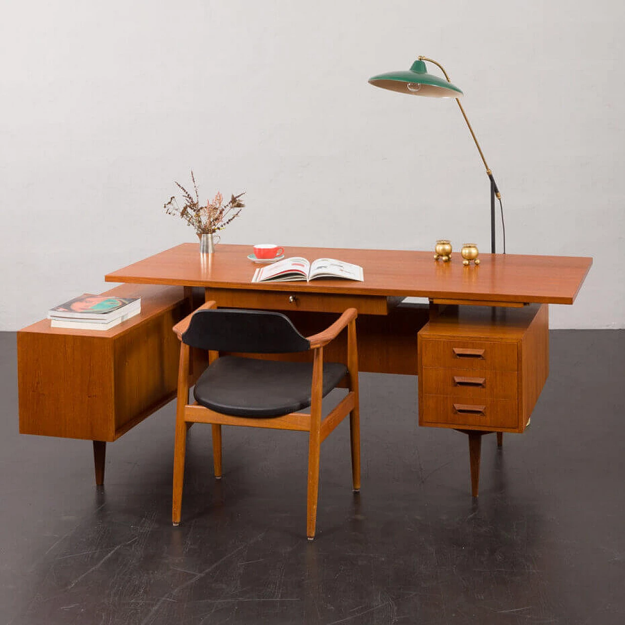 L-shaped teak desk with sideboard in Arne Vodder style, 1970s 1
