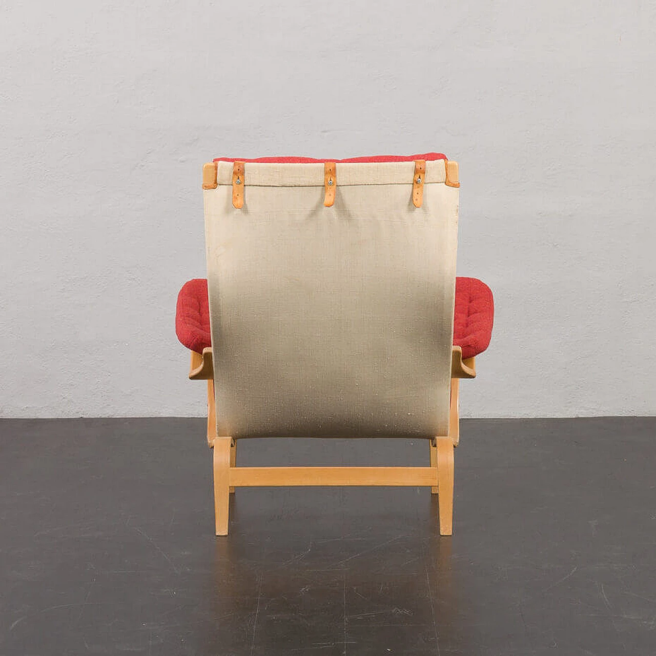Pernilla lounge armchair in red wool and bent beech by Bruno Mathsson for Dux, 1960s 6