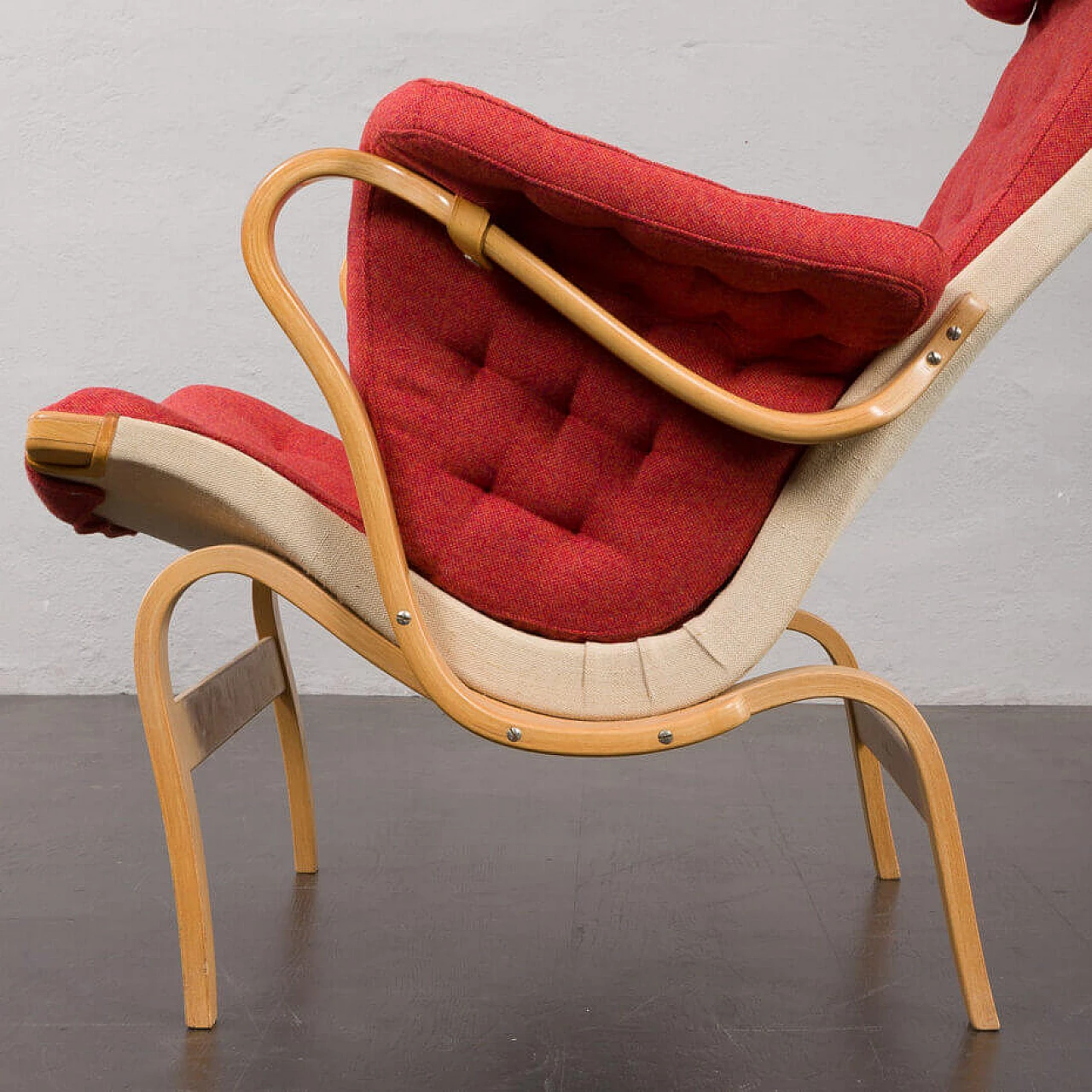 Pernilla lounge armchair in red wool and bent beech by Bruno Mathsson for Dux, 1960s 13