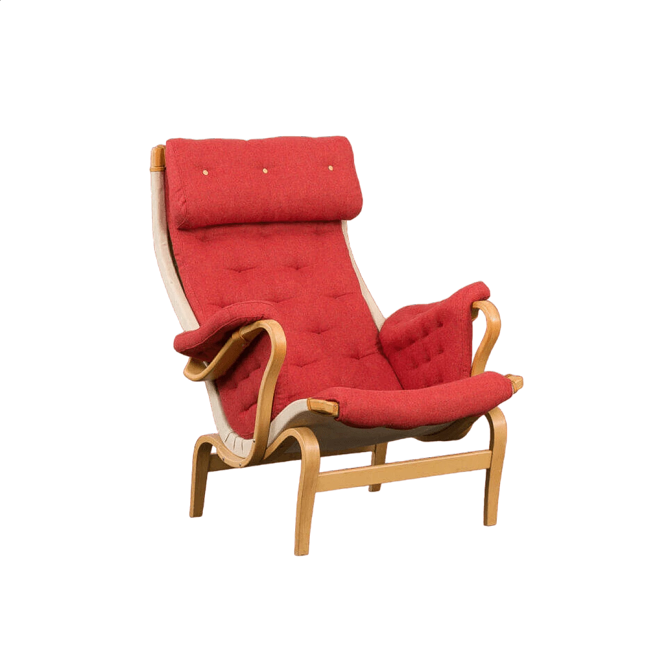 Pernilla lounge armchair in red wool and bent beech by Bruno Mathsson for Dux, 1960s 19