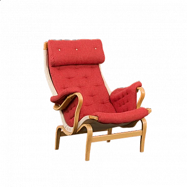 Pernilla lounge armchair in red wool and bent beech by Bruno Mathsson for Dux, 1960s