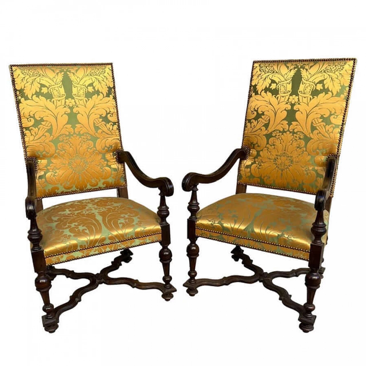 Pair of solid walnut armchairs and silk fabric, late 19th century 1