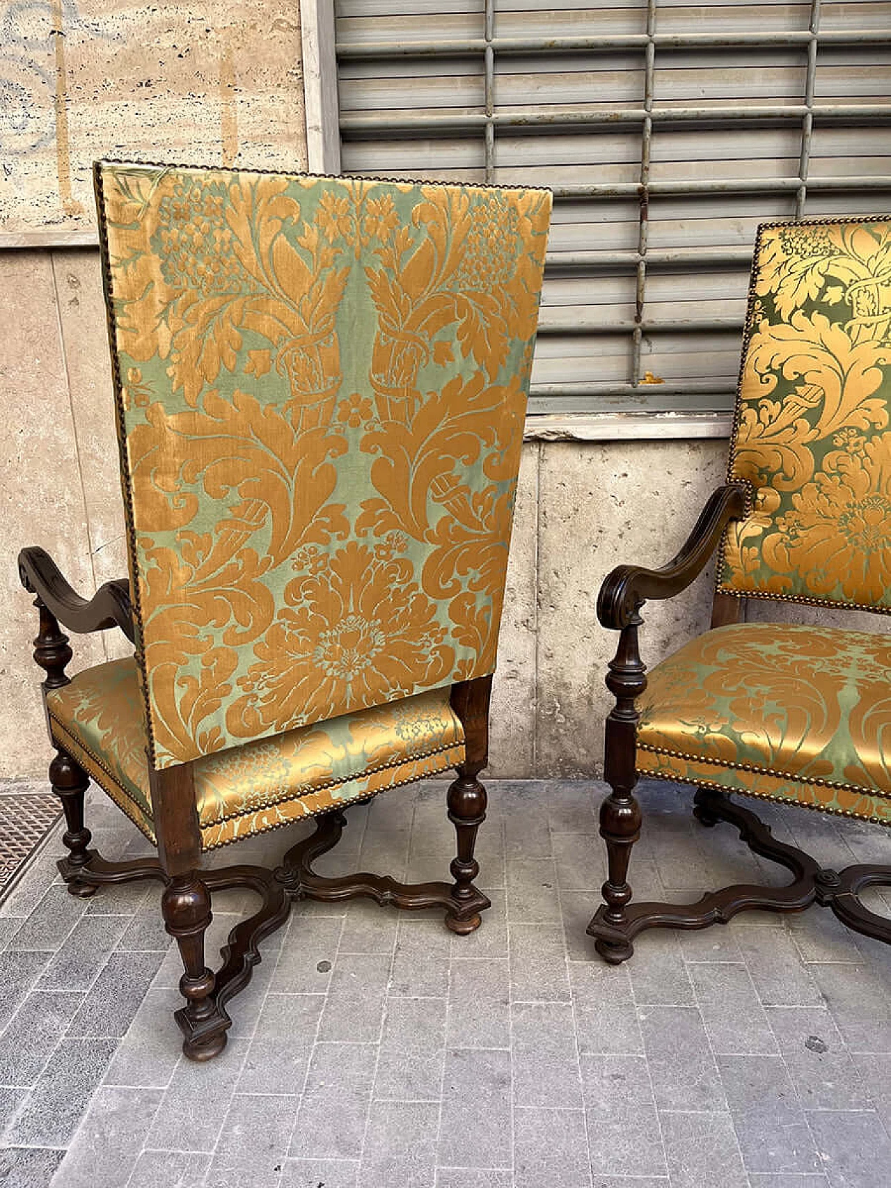 Pair of solid walnut armchairs and silk fabric, late 19th century 3