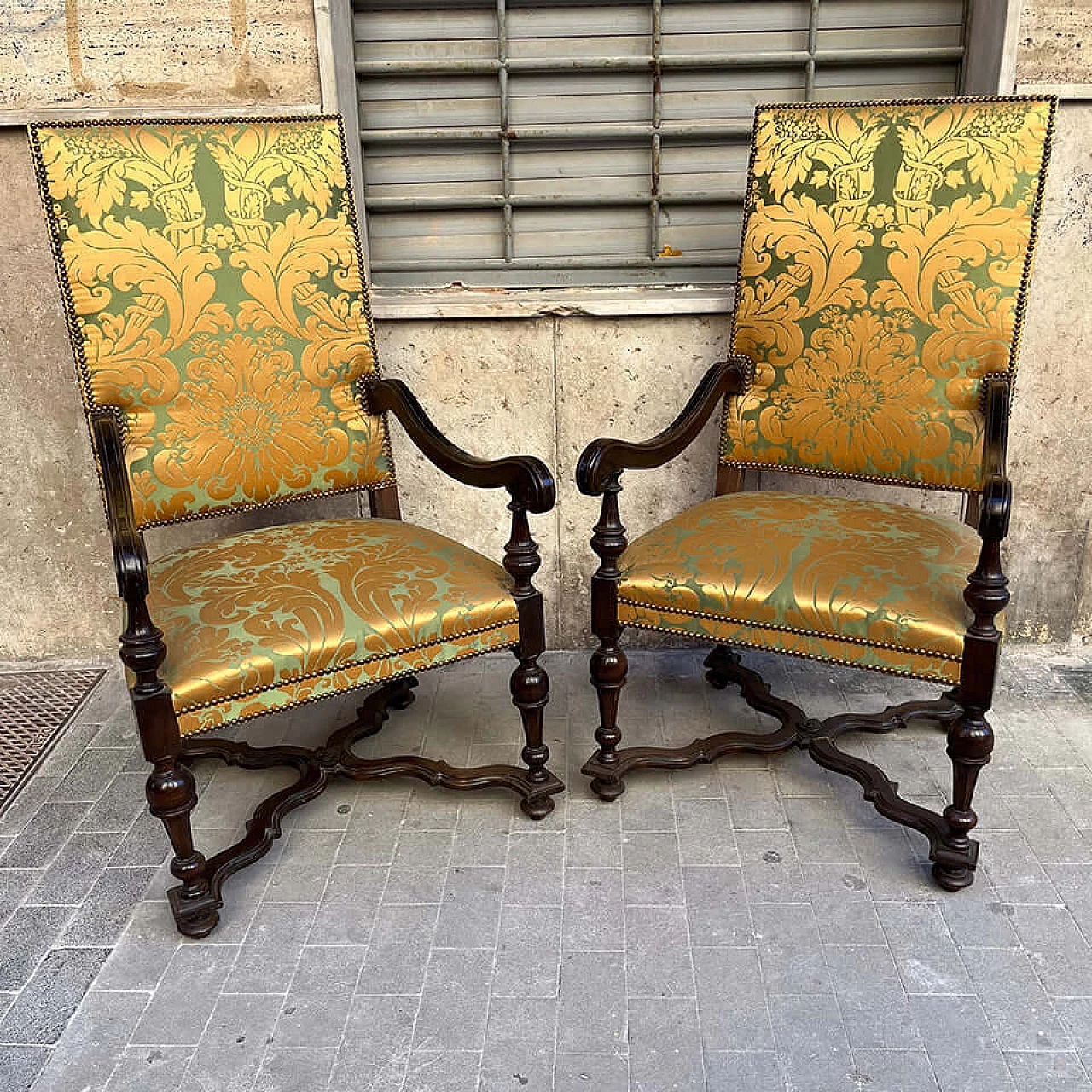 Pair of solid walnut armchairs and silk fabric, late 19th century 4