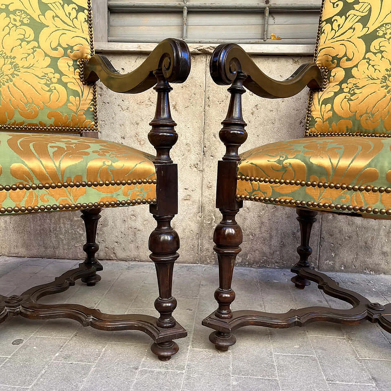 Pair of solid walnut armchairs and silk fabric, late 19th century 5