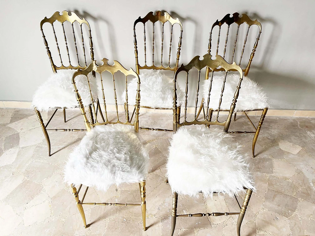 5 Brass and synthetic fur chairs by Giuseppe Gaetano Descalzi, 1950s 1