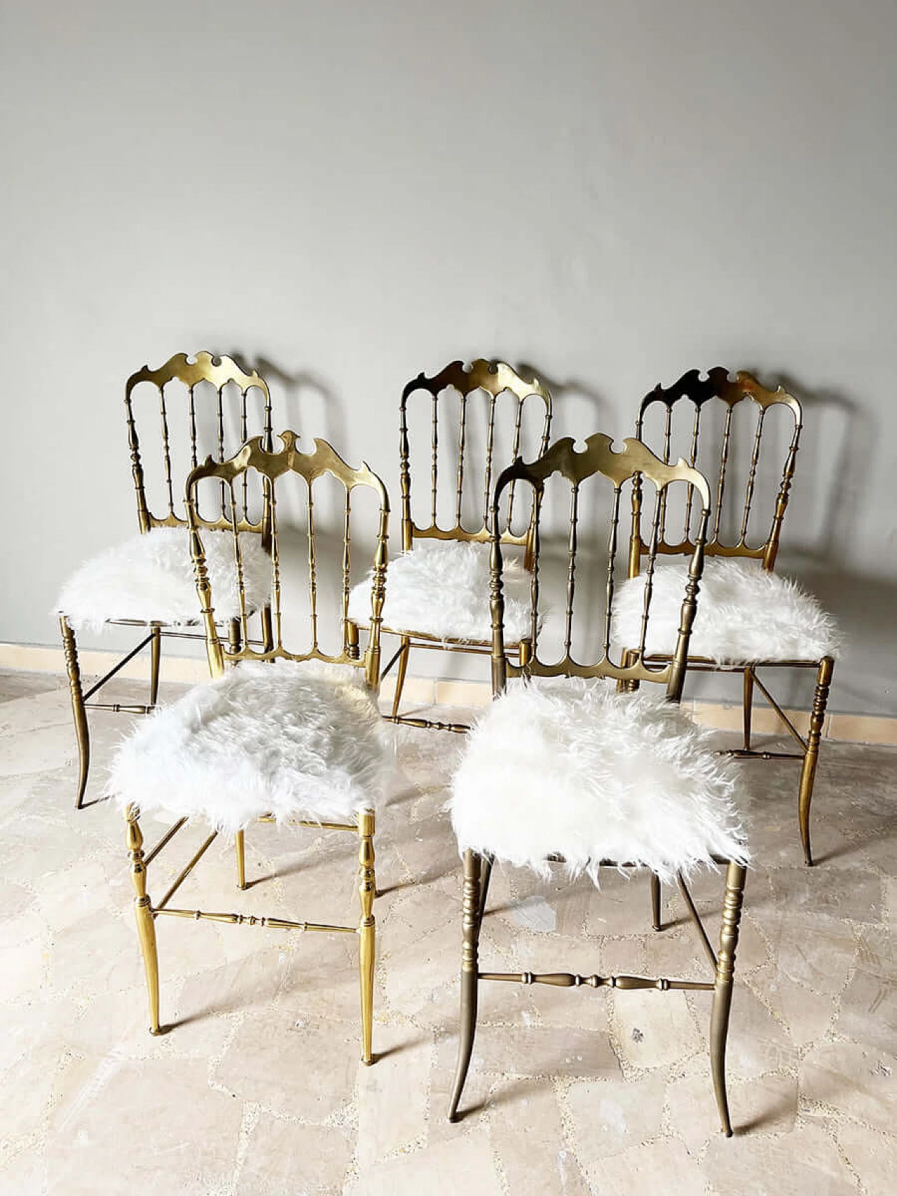 5 Brass and synthetic fur chairs by Giuseppe Gaetano Descalzi, 1950s 2