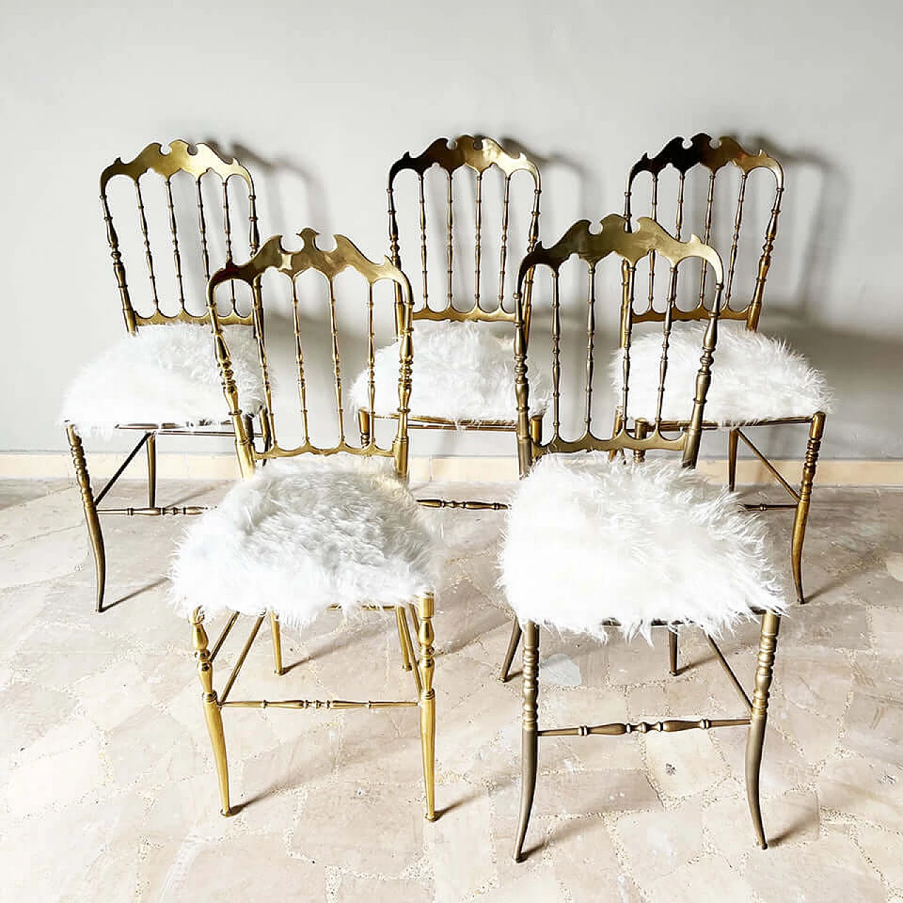 5 Brass and synthetic fur chairs by Giuseppe Gaetano Descalzi, 1950s 3