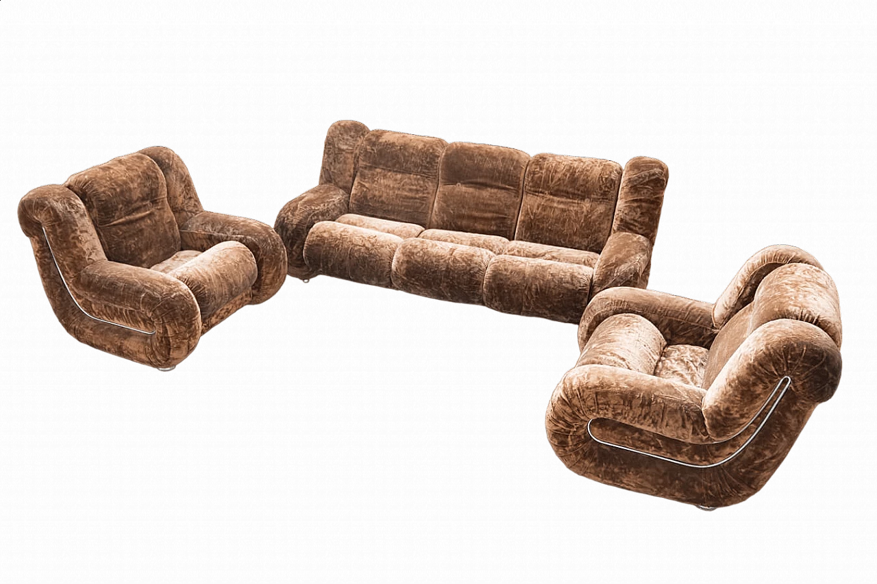 Beige chenille sofa and pair of armchairs, 1970s 27