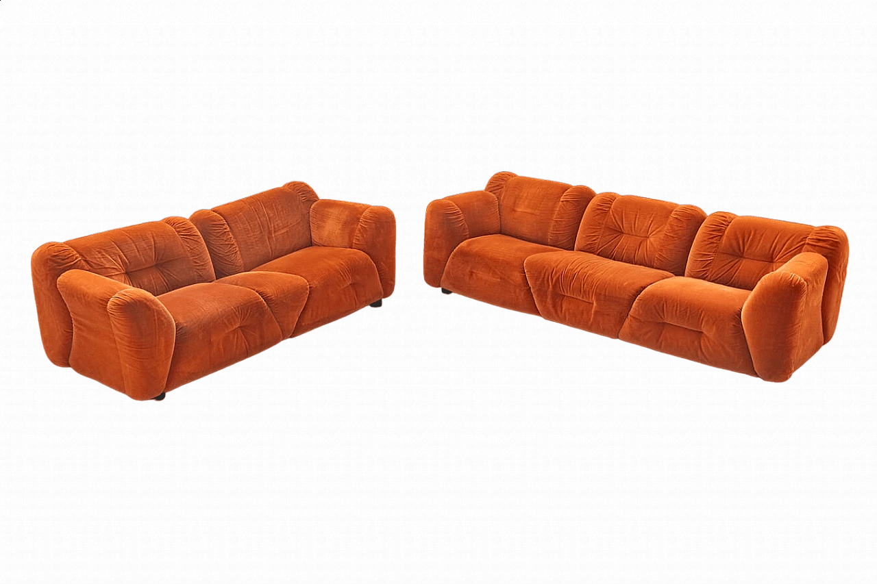 Coppia di divani in ciniglia arancione, anni '70 23