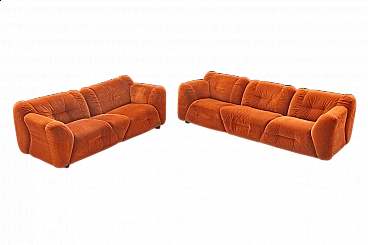 Pair of orange chenille sofas, 1970s