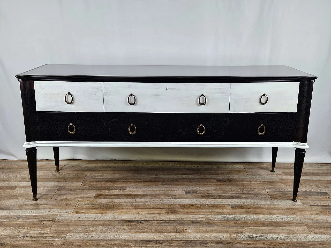 Black white lacquered chest of drawers with glass top, 1960s 1