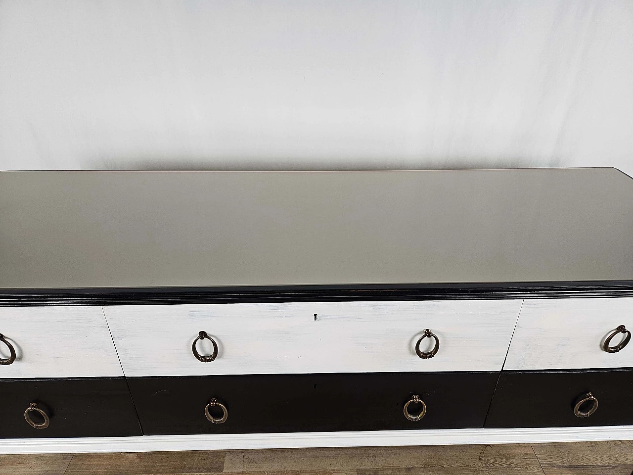 Black white lacquered chest of drawers with glass top, 1960s 5