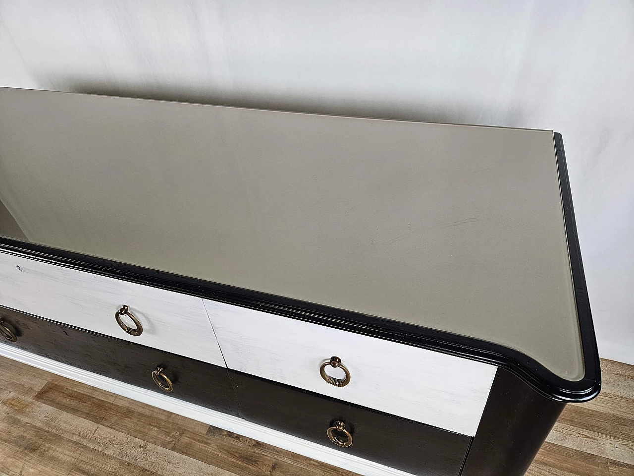 Black white lacquered chest of drawers with glass top, 1960s 6