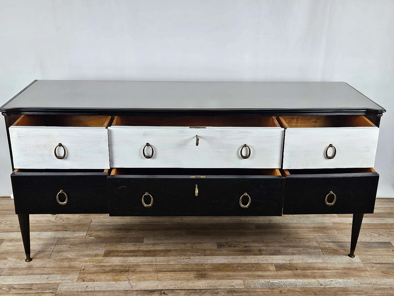 Black white lacquered chest of drawers with glass top, 1960s 26