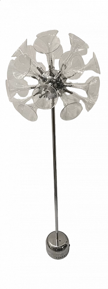 Lampada da terra Sputnik in metallo cromato e cristallo, anni '80