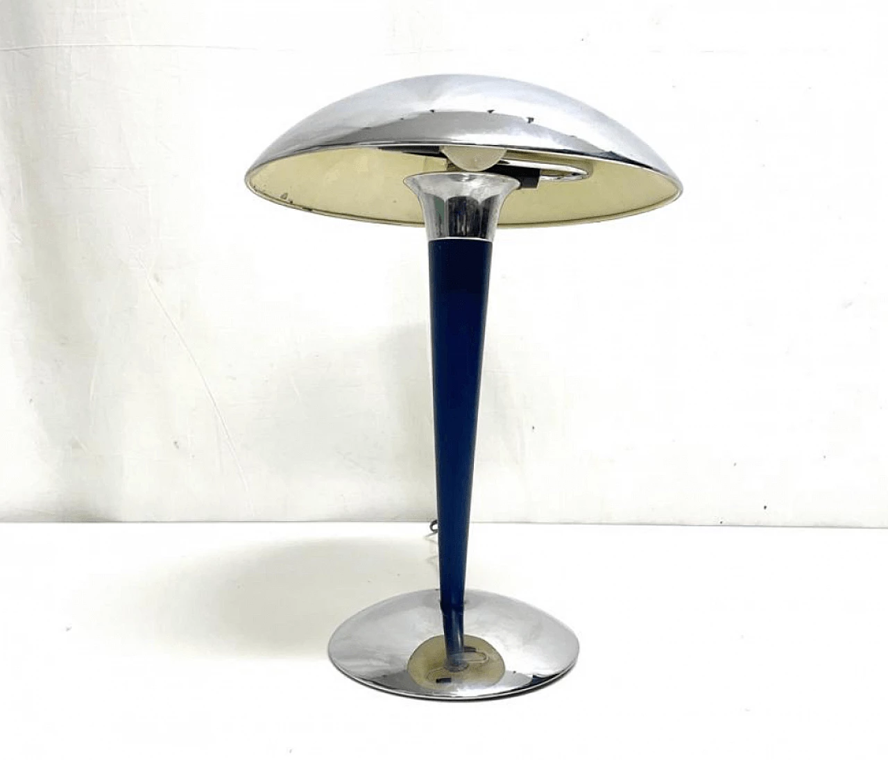 Two-light stainless steel table lamp with blue stem, 1960s 4