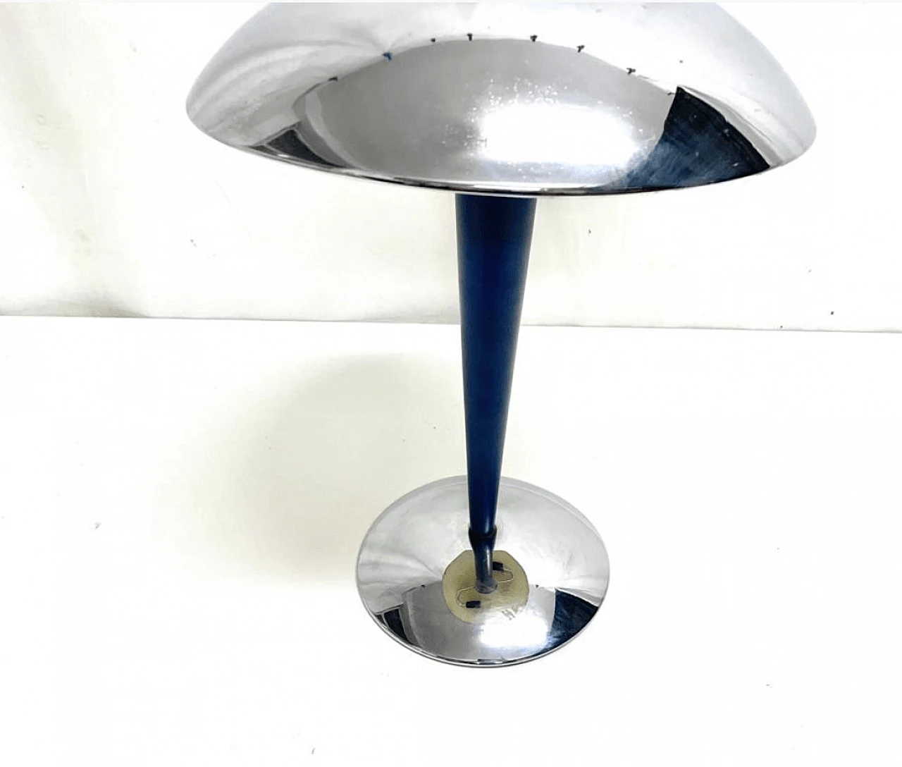 Two-light stainless steel table lamp with blue stem, 1960s 5