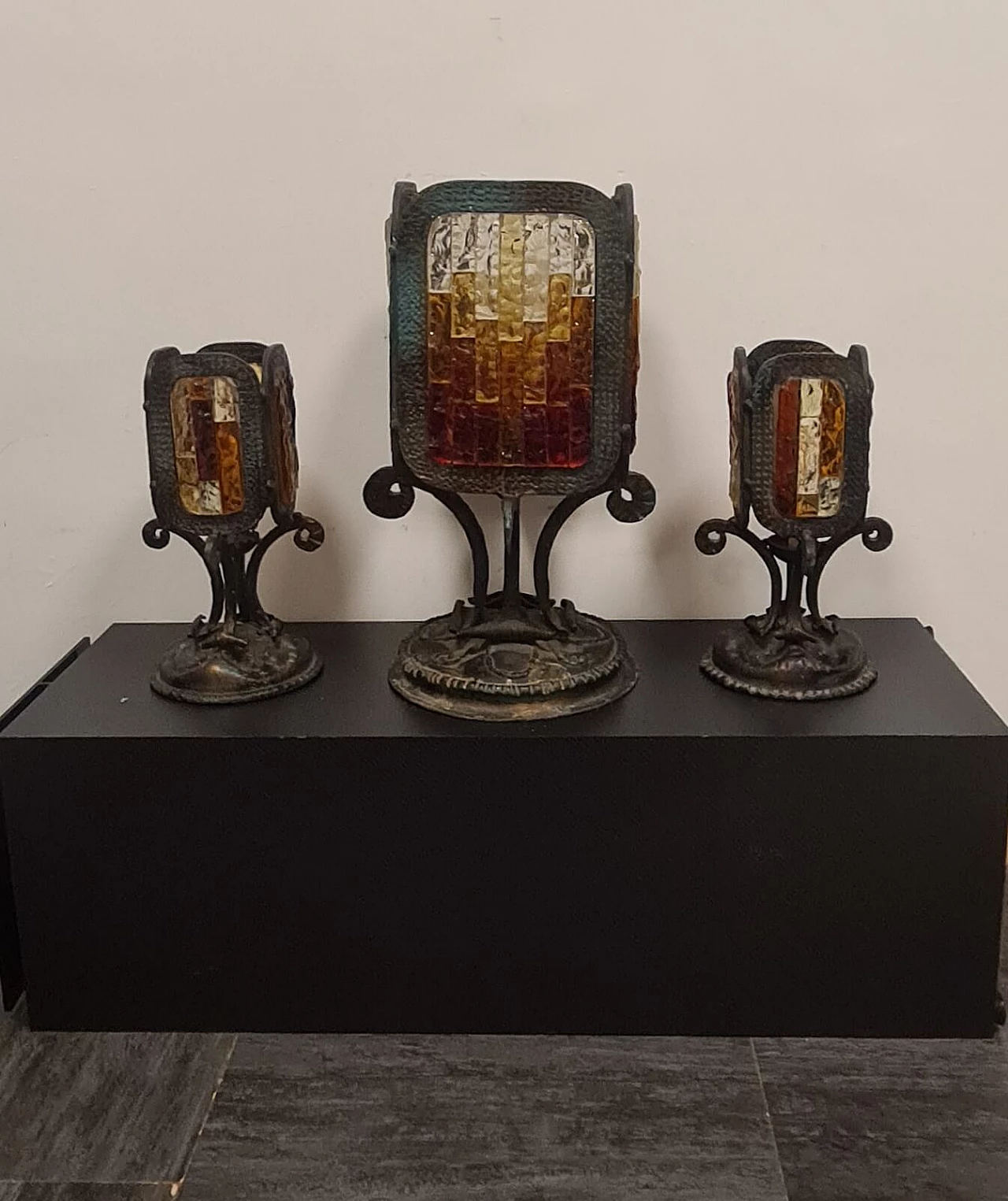 3 Brutalist wrought iron lamps with Murano glass mosaics attributed to Poli Arte, 1970s 1
