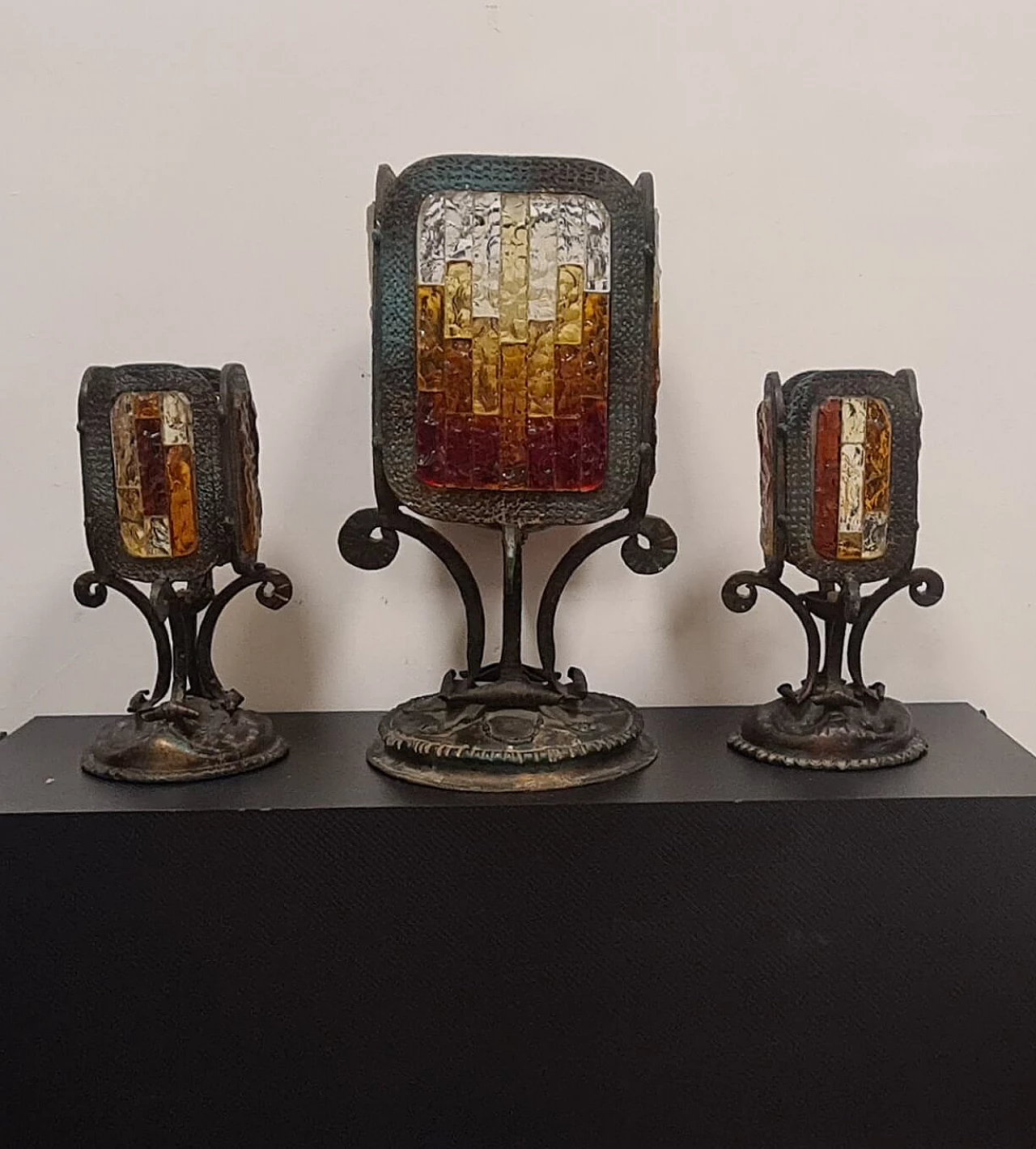 3 Brutalist wrought iron lamps with Murano glass mosaics attributed to Poli Arte, 1970s 2