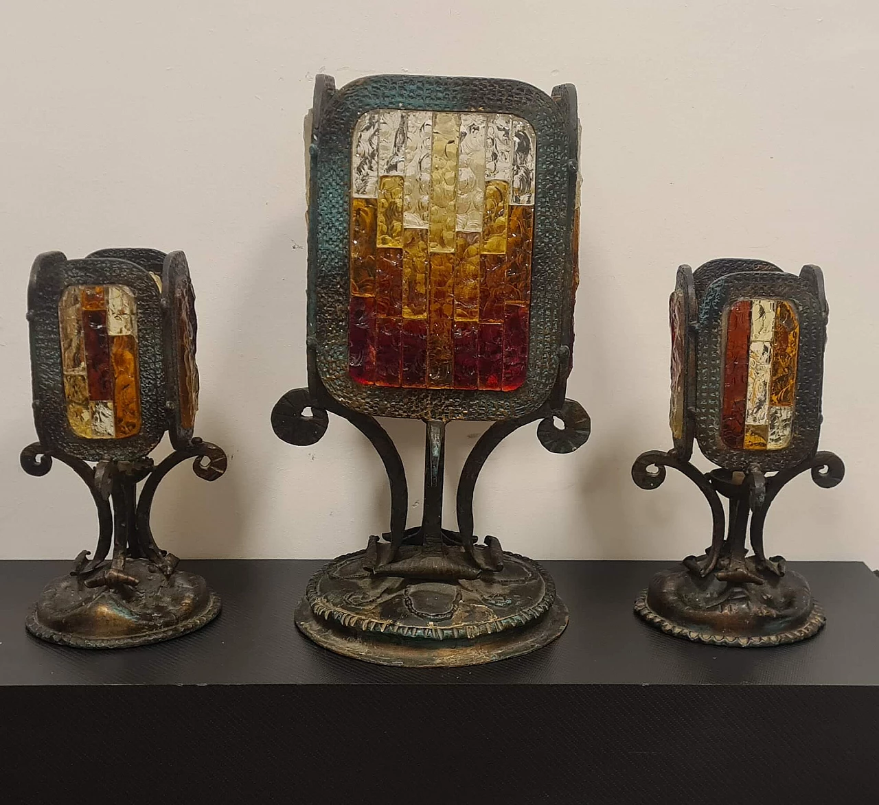 3 Brutalist wrought iron lamps with Murano glass mosaics attributed to Poli Arte, 1970s 3