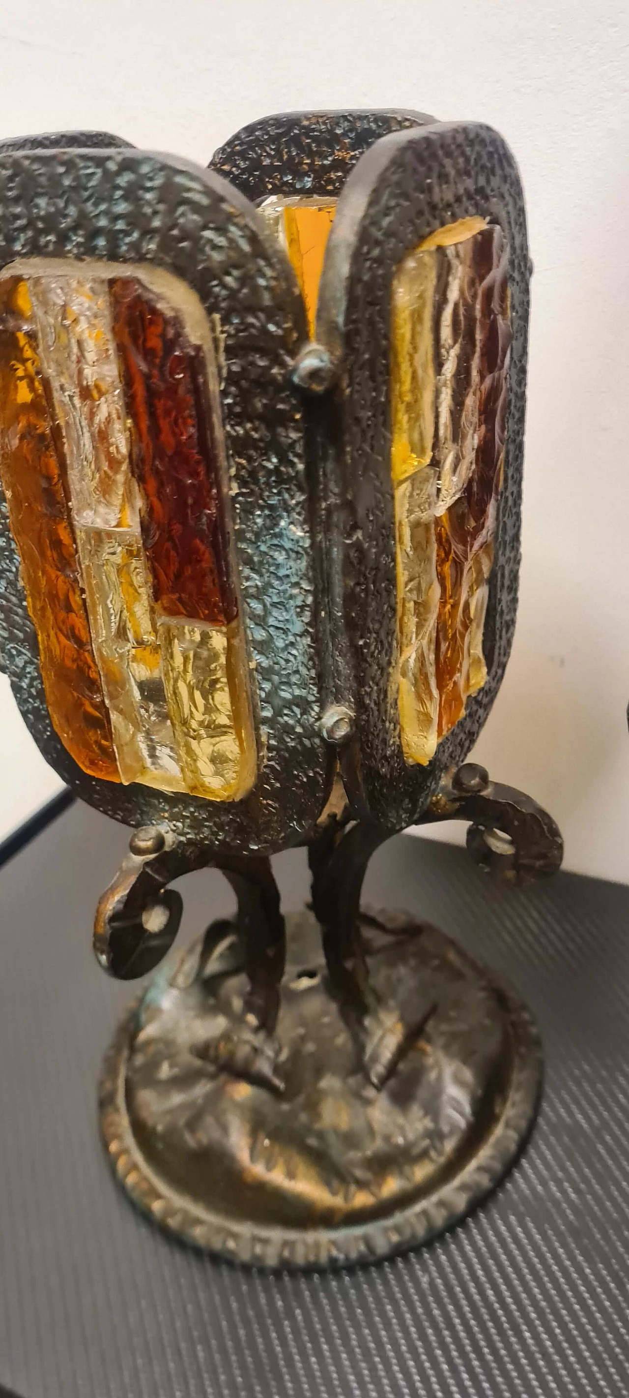 3 Brutalist wrought iron lamps with Murano glass mosaics attributed to Poli Arte, 1970s 8