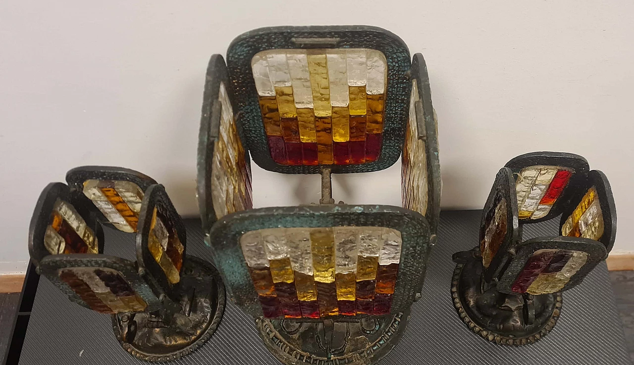 3 Brutalist wrought iron lamps with Murano glass mosaics attributed to Poli Arte, 1970s 10