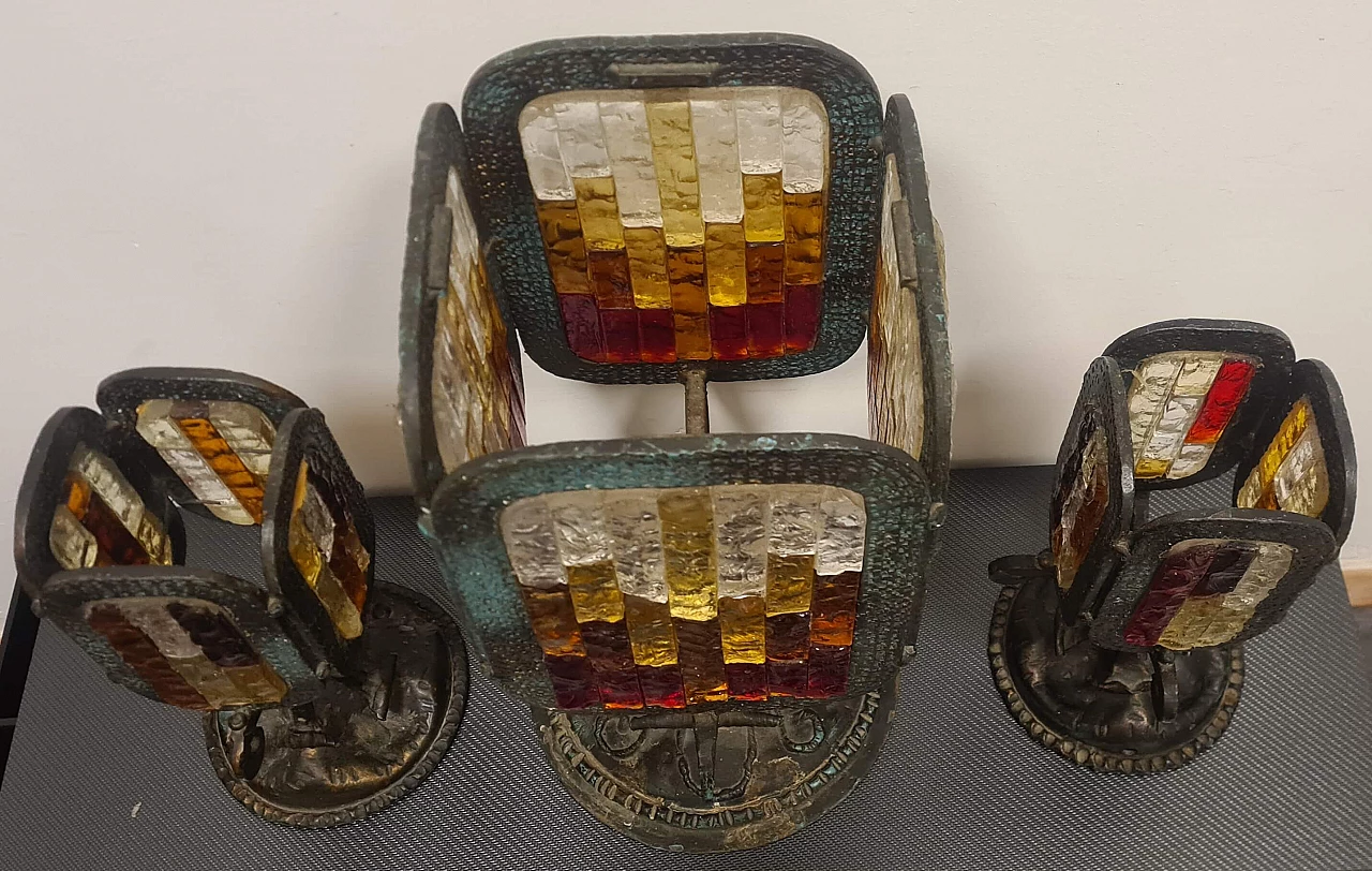 3 Brutalist wrought iron lamps with Murano glass mosaics attributed to Poli Arte, 1970s 11