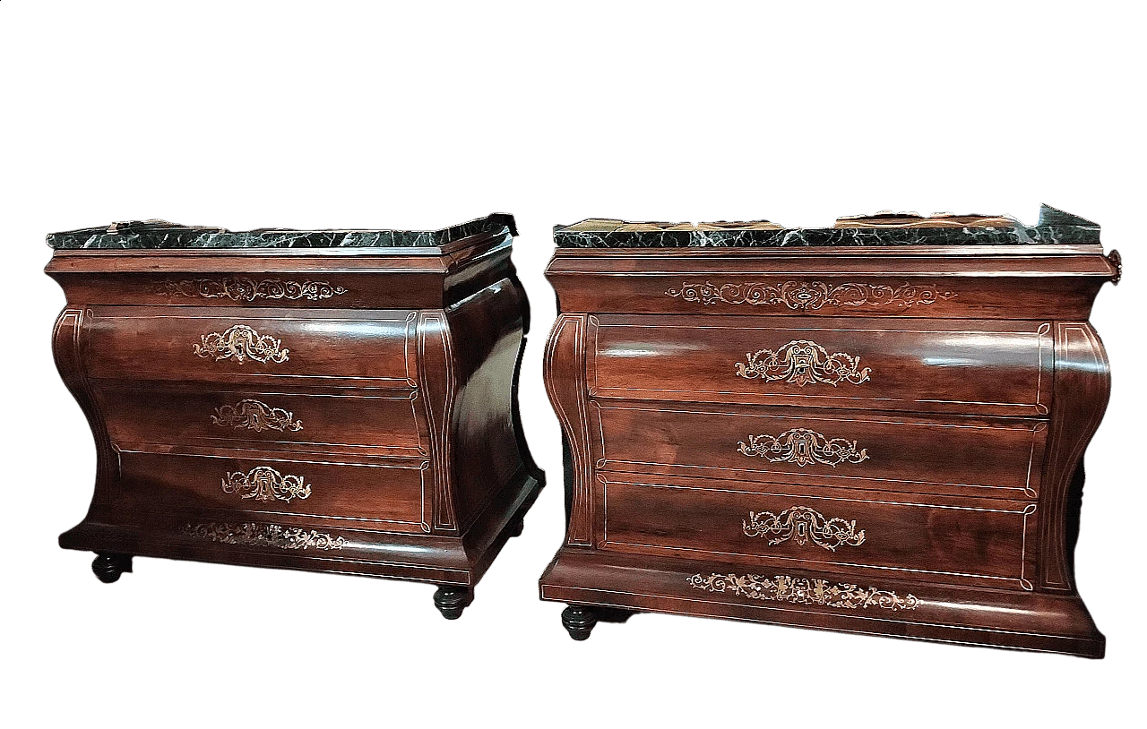 Coppia di comò spagnoli in palissandro con marmi verdi, '800 12