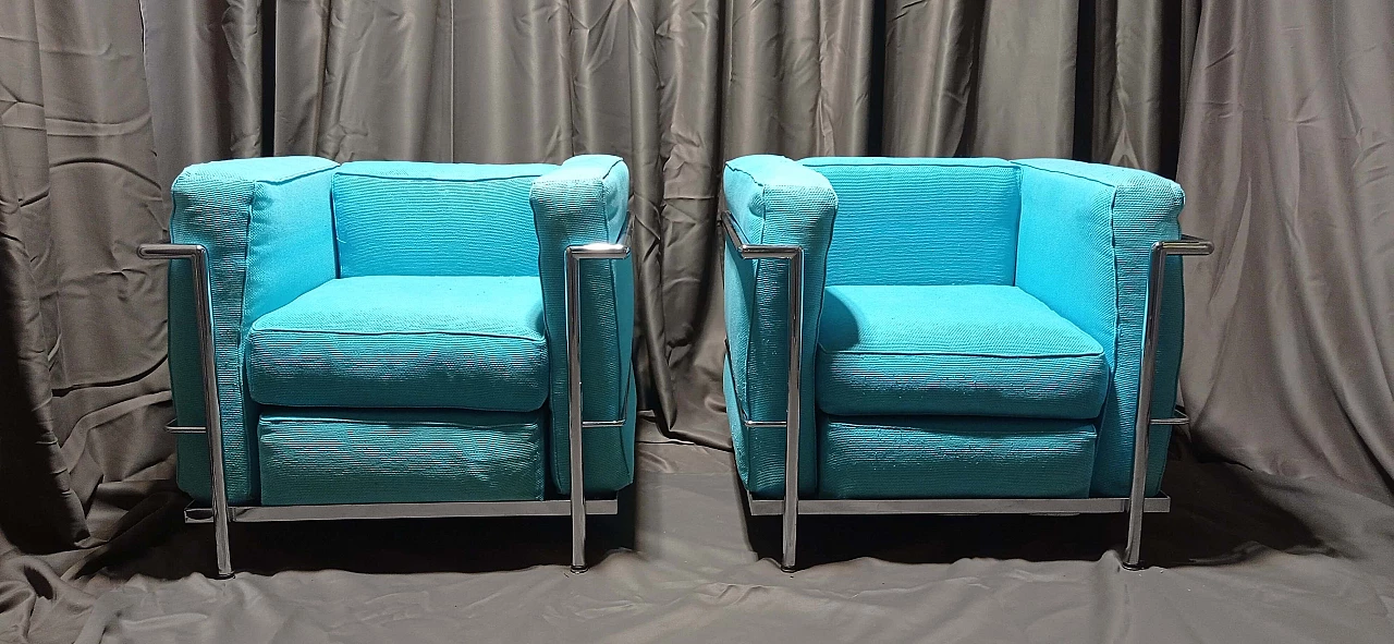 Pair of LC2 armchairs in light blue ribbed cotton by Le Corbusier, P. Jeanneret, C. Perriand for Alivar, 1989 1