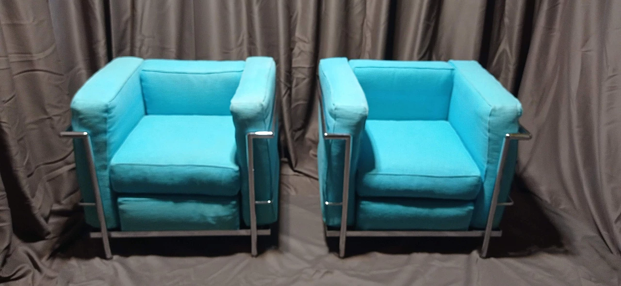Pair of LC2 armchairs in light blue ribbed cotton by Le Corbusier, P. Jeanneret, C. Perriand for Alivar, 1989 2