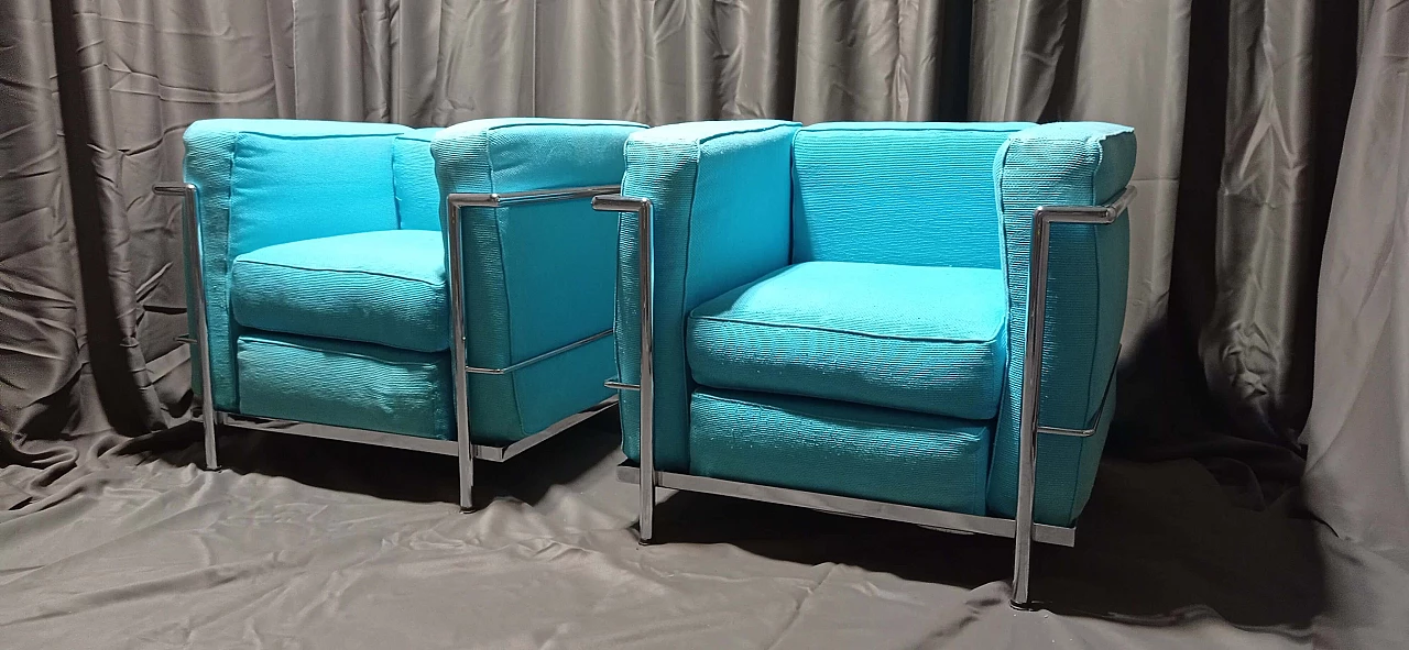 Pair of LC2 armchairs in light blue ribbed cotton by Le Corbusier, P. Jeanneret, C. Perriand for Alivar, 1989 3