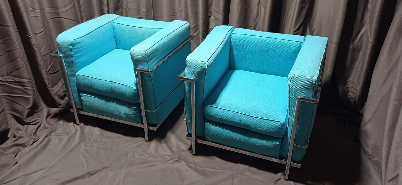 Pair of LC2 armchairs in light blue ribbed cotton by Le Corbusier, P. Jeanneret, C. Perriand for Alivar, 1989 4