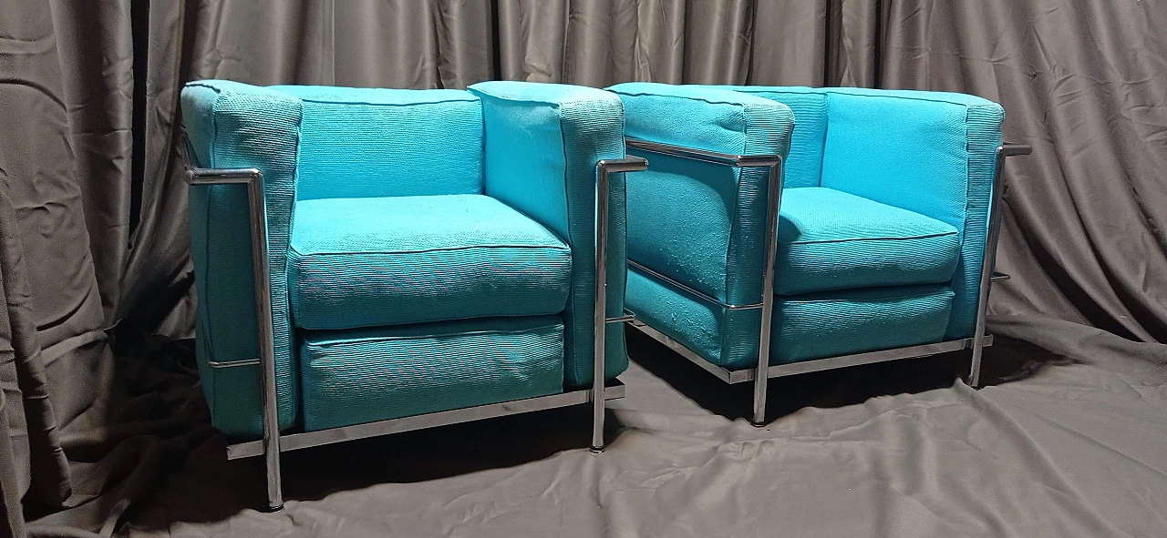 Pair of LC2 armchairs in light blue ribbed cotton by Le Corbusier, P. Jeanneret, C. Perriand for Alivar, 1989 5