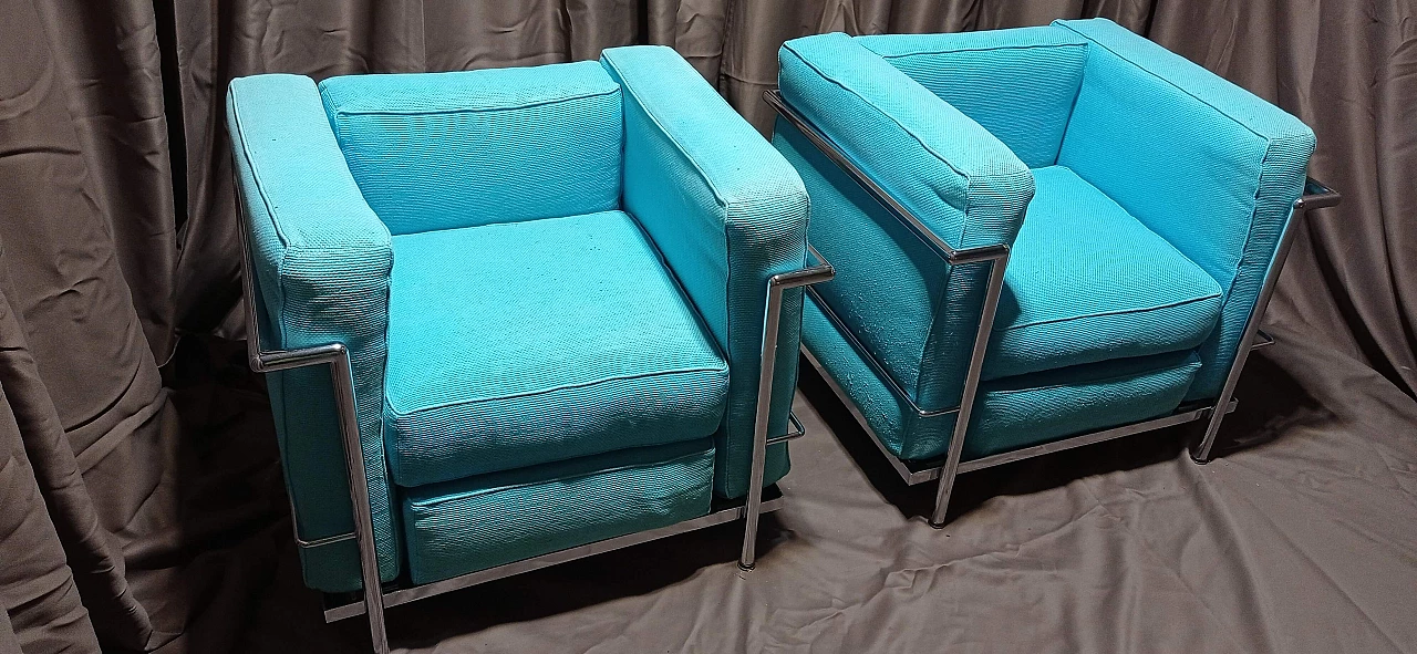 Pair of LC2 armchairs in light blue ribbed cotton by Le Corbusier, P. Jeanneret, C. Perriand for Alivar, 1989 6
